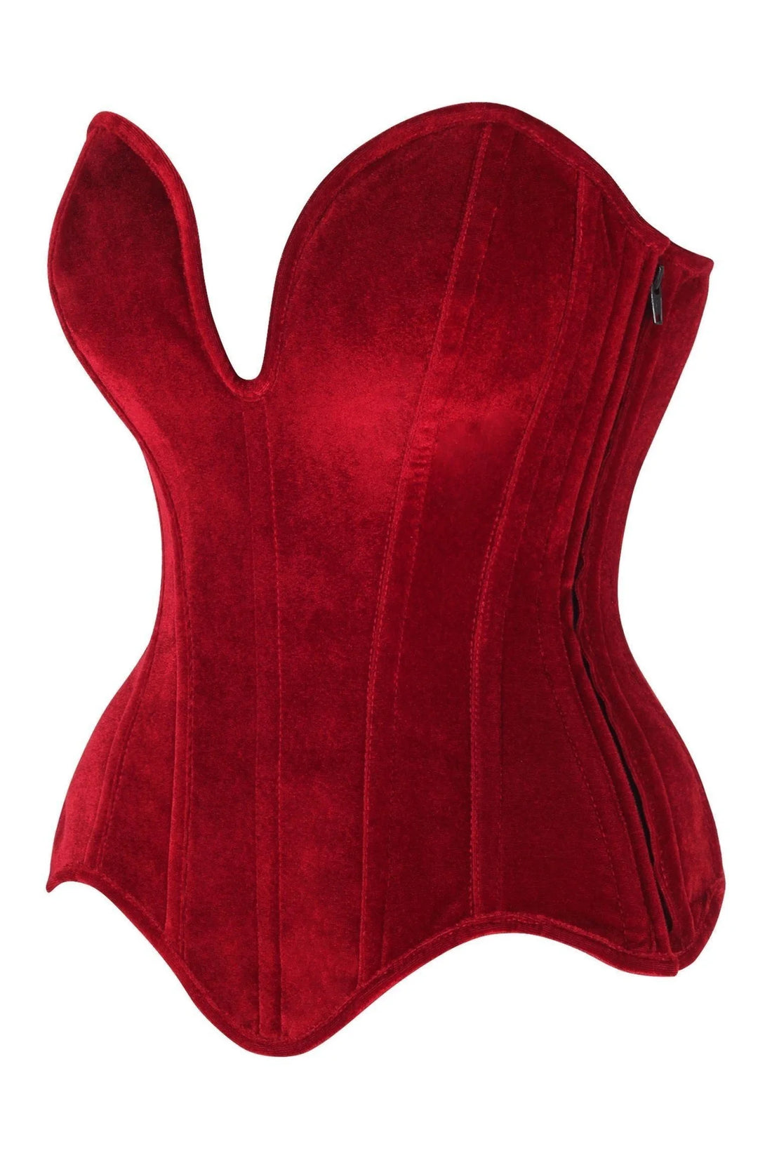 Top Drawer Steel Boned Dark Red Velvet Plunge Neckline Overbust Corset showcasing its luxurious velvet fabric and flattering fit, perfect for special occasions or theatrical performances.