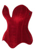 Top Drawer Steel Boned Dark Red Velvet Plunge Neckline Overbust Corset showcasing its luxurious velvet fabric and flattering fit, perfect for special occasions or theatrical performances.