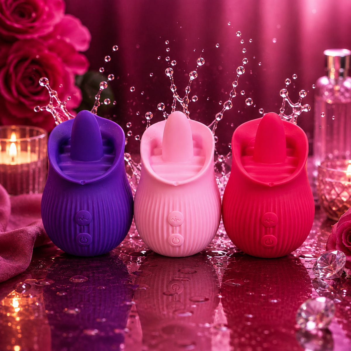 Three ribbed silicone personal massagers in purple, pink, and red, arranged in a row on a glossy wet surface with water droplets splashing around them. The scene is styled with pink roses, a lit candle, and perfume bottles in the background.