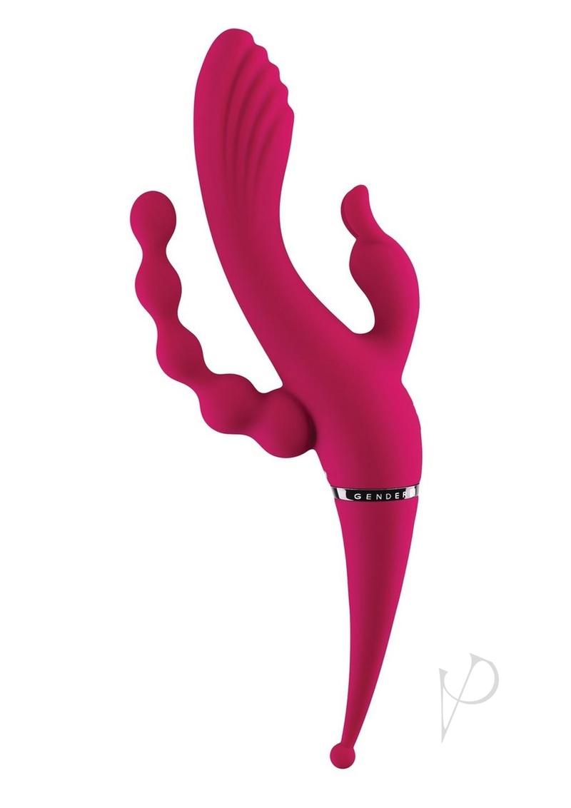 Vibrador estimulador cuádruple de silicona recargable de género X cuatro por cuatro - rojo