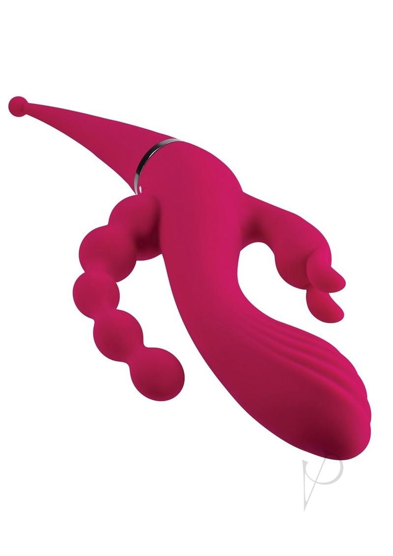 Vibrador estimulador cuádruple de silicona recargable de género X cuatro por cuatro - rojo