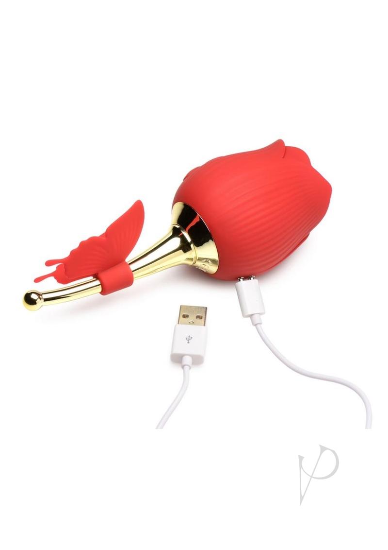 Flutter Rose Rechargeable Silicone Sucking Rose with Butterfly Teaser - Red/Gold