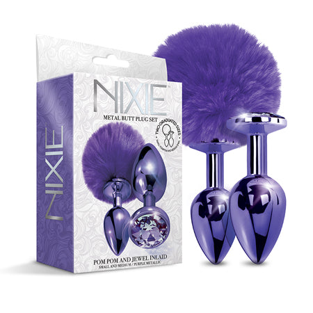 Nixie Metal Butt Plug Set W/jewel Inlaid &amp; Pom Pom - SP BOUTIQUE