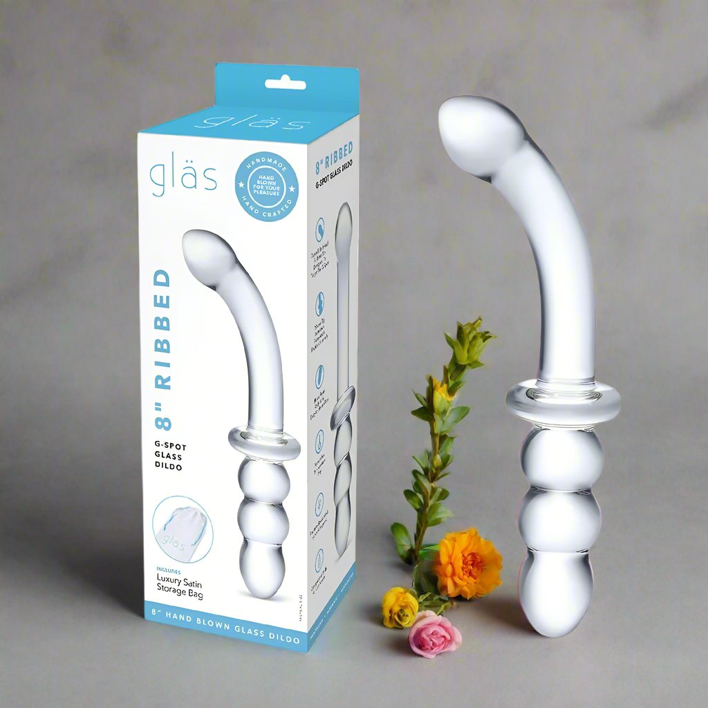 8" Ribbed Glass Dildo for G-Spot Stimulation &amp; Sensational Pleasure - Dual-Ended Design - SP BOUTIQUE