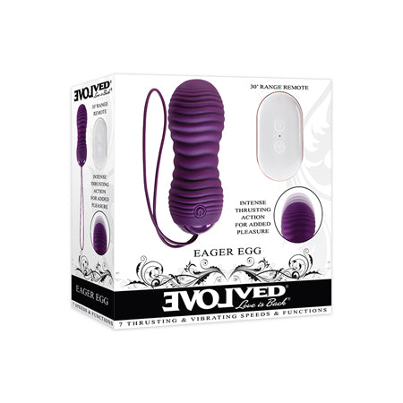 Evolved Eager Egg Vibrador de silicona de empuje con control remoto recargable, color morado