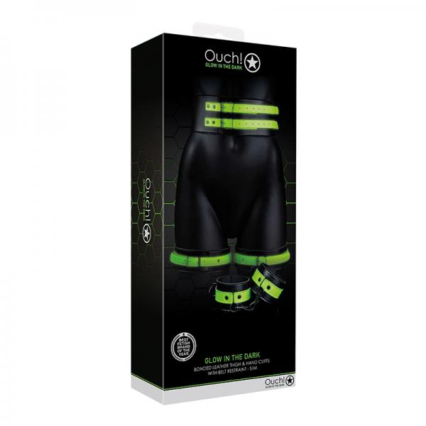 Ouch! Glow Thigh Cuffs, Hand Cuffs &amp; Belt - Glow In The Dark - Green - SP BOUTIQUE