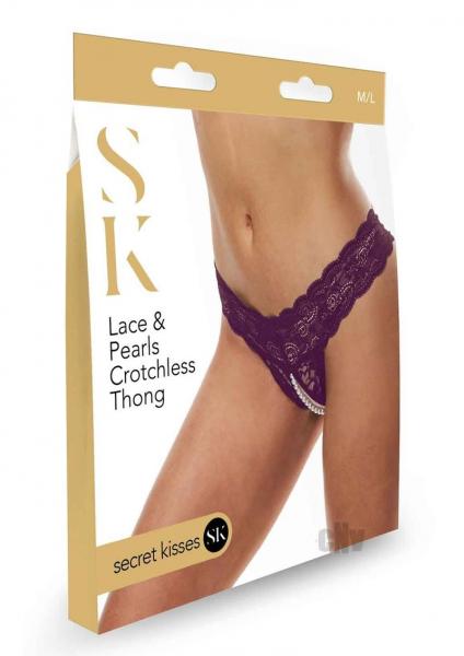 Secret Kisses Lace &amp; Pearl Crotchless Thong - Purple - SP BOUTIQUE