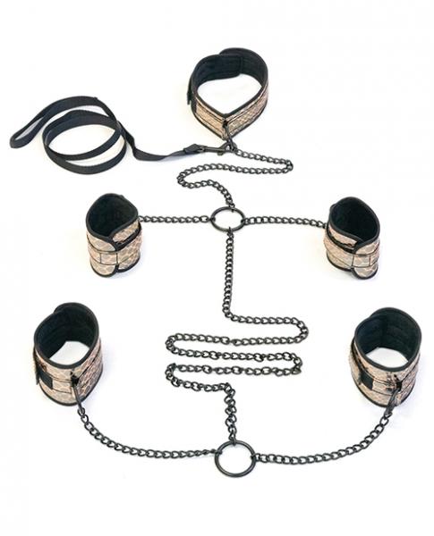 Faux Leather Collar, Wrist, Ankle Restraints &amp; Leash Bondage Kit Gold - SP BOUTIQUE