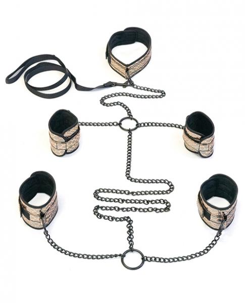 Faux Leather Collar, Wrist, Ankle Restraints & Leash Bondage Kit Gold