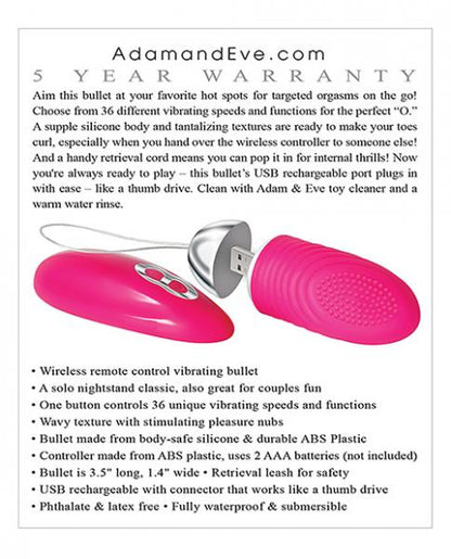 Adam &amp; Eve Rechargeable Vibrating Bullet with Remote - 9 Intensity Levels, Waterproof Design - SP BOUTIQUE