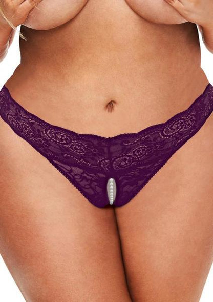 Secret Kisses Lace &amp; Pearl Crotchless Thong - Purple - SP BOUTIQUE