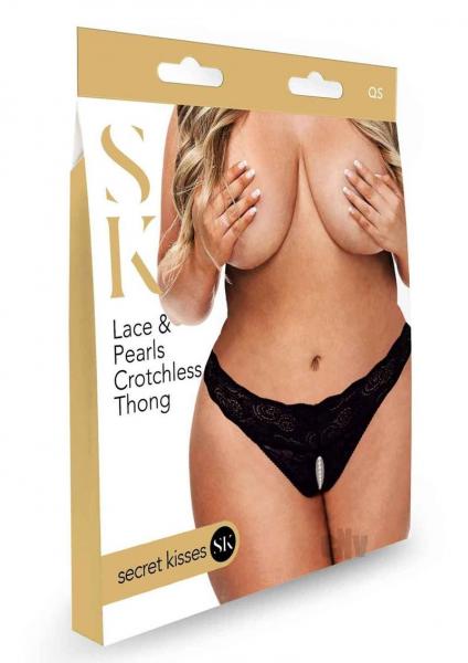 Secret Kisses Lace &amp; Pearl Crotchless Thong - Purple - SP BOUTIQUE