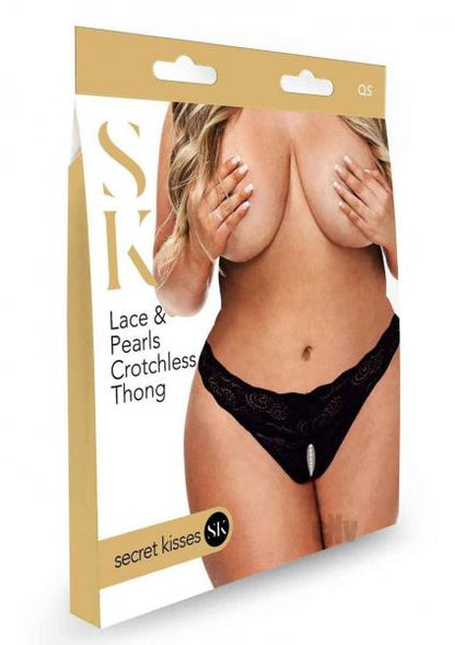 Secret Kisses Lace &amp; Pearl Crotchless Thong - Purple - SP BOUTIQUE